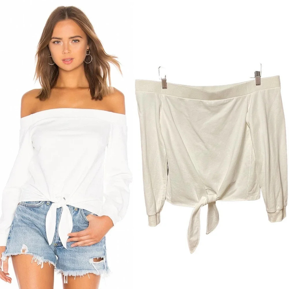 By the Way. Off the Shoulder Tie Front Sweatshirt‎ in White Size Small